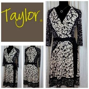 Taylor Black & Cream Floral Printed  3.4" Sleeve Dress